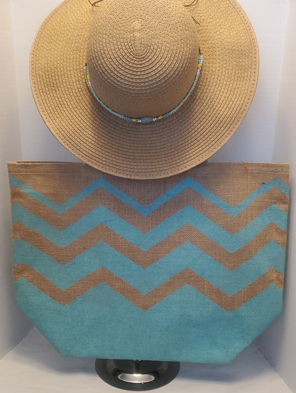 Madd Hatter Straw Sun Hat with Beaded Band/Matching Straw Bag